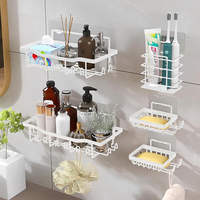 Fab Glass and Mirror shower caddy Bathroom shower organizer (White, Pack of 5)