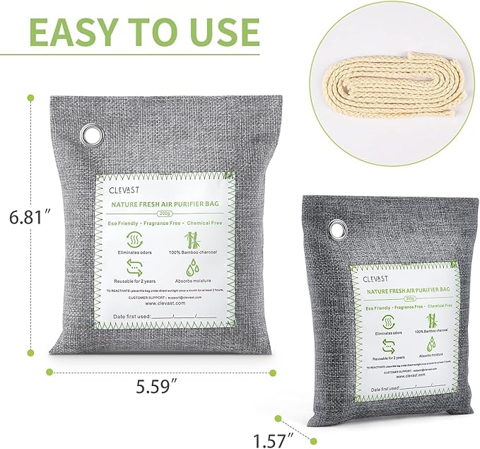 CLEVAST Bamboo Charcoal Air Purifying Bags - (Large, 4×200g), Removes Odors and Moisture, Nature Fresh Air Purifier Bags, Odor Eliminator for Home, Car, Pets, Bathroom, Basement
