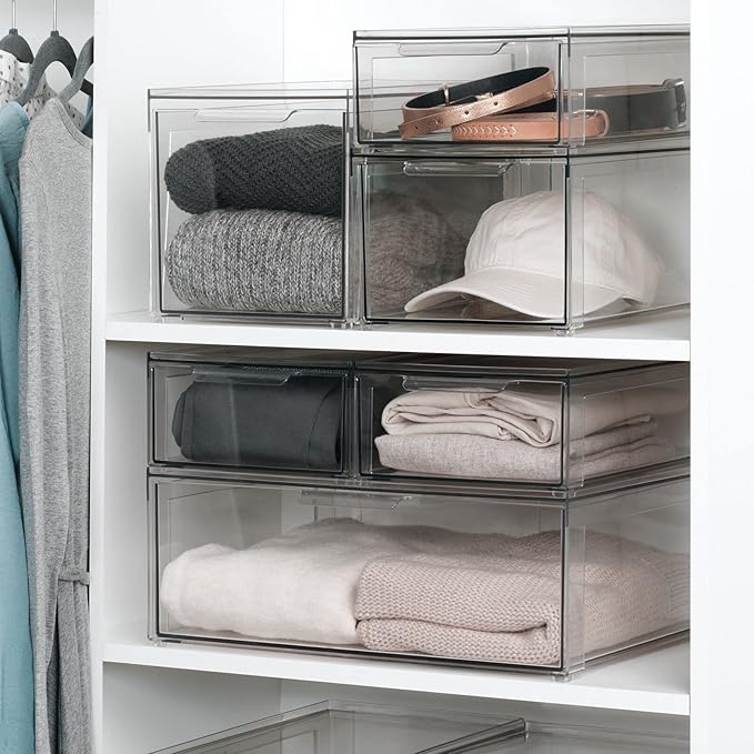 mDesign Plastic Closet Organizer Bin w/Pull Out Drawer - Shallow Stackable Storage for Closet - Organization for Shoes, Clothes, Bags, Totes, and Small Linens - Lumiere Collection - Clear