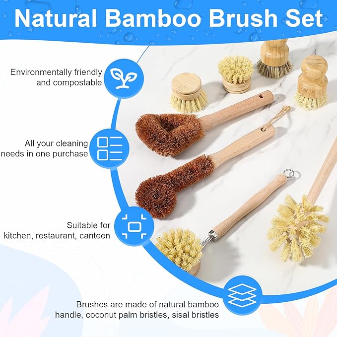 9pcs Bamboo Dish Brush Set Wooden Dish Brush with 14’’ Bottle Brush Natural Kitchen Scrub Brush Dish Scrubber for Kitchen Cleaning Dishes Pans Bottles Sink Vegetables Household