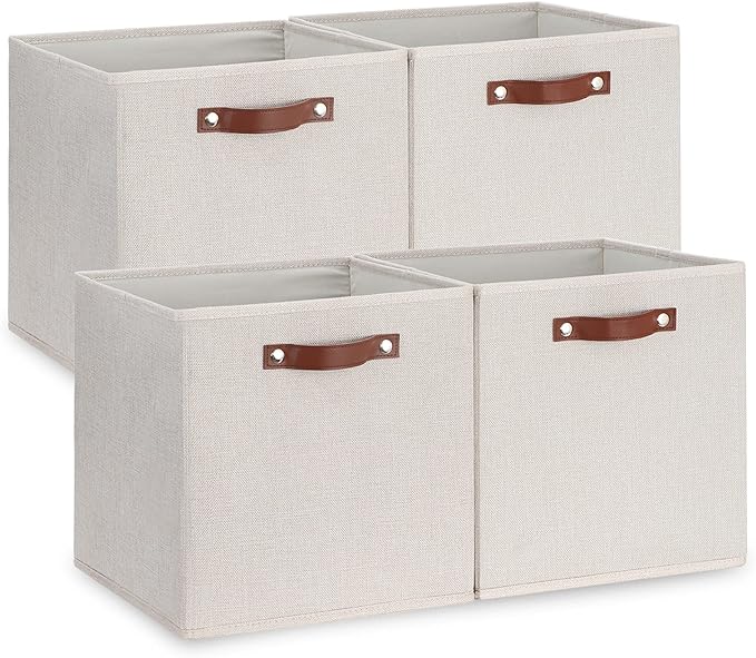 Temary Fabric Storage Cubes Storage Bins with Dual Leather Handles, 4 Pack Cube Baskets 13x13 Foldable Cube Organizers for Shelves, Home, Office, Nursery