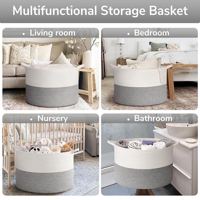 Goodpick Blanket Basket, 23.5'' x 15.8'' Cotton Rope Blanket Basket Living Room, Toy Organizers and Storage with Handles for Kids, 115L Grey