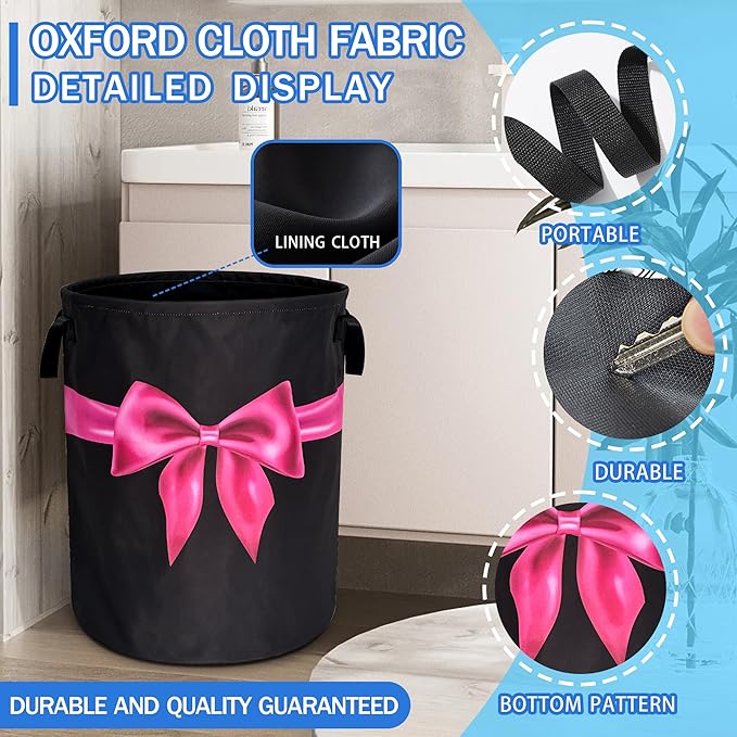 Breast Cancer Awareness Laundry Basket Oxford Cloth Pink Ribbon Laundry Hamper With Handle Foldable Portable Clothes Storage Basket 18.9 X 16.5 In Storage Bag For Laundry Room/Bathroom/Bedroom