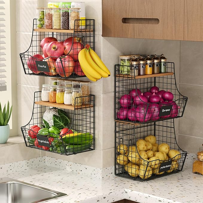 Fruit Basket for Kitchen with Lid, Counter&Wall Mounted Hanging Fruit Basket, Potato and Onion Storage, Metal Wire Fruit and Vegetable Storage, Snack Organizer 4 Pack(small and large)