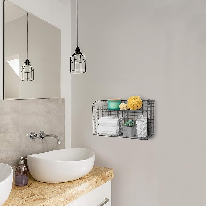 Spectrum 2 Bin Wall Mounted Wire Basket with Shelf Industrial Gray Organizer, Wall Mount Wire Basket Shelves for Kitchen Storage, Vintage Double Bin with Shelf Wall Mount Wire Storage for Organization