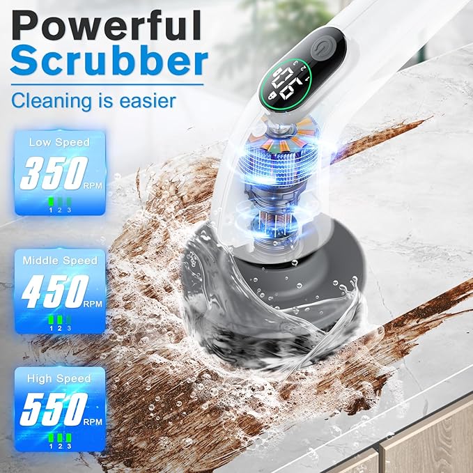 Electric Spin Scrubber, 550 RPM Cordless Home Cleaning Brush with Extended Handle, 3 Speeds, 8 Replacement Heads, IPX7 Waterproof, LCD Display – Power Shower Scrubber for Bathroom, Tub, Floor, Tile