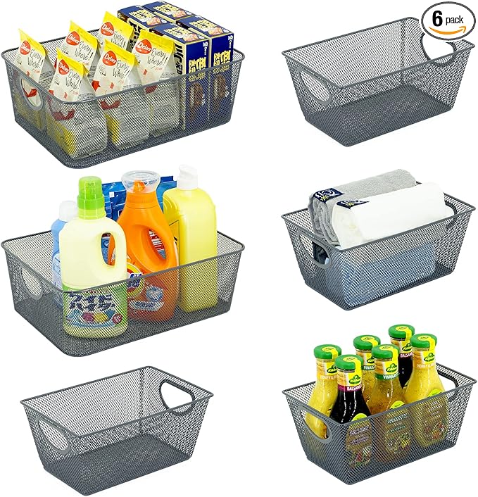 Neudeco Wire Storage Baskets - 6 Pack Metal Mesh Organizers for Kitchen, Laundry, Garage, Fridge & Bathroom - Gray