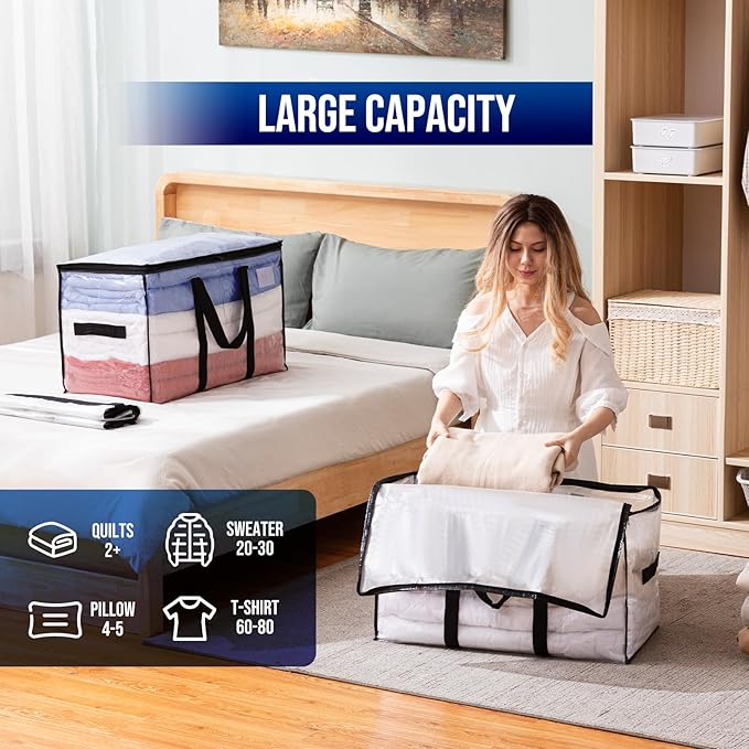 TAILI Extra Large Moving Bags, 2 Pack Clear Heavy Duty Totes for Storage with Visible Window, Wrap Around Handles, Storage Bags for Space Saving, Alternative to Moving Boxes
