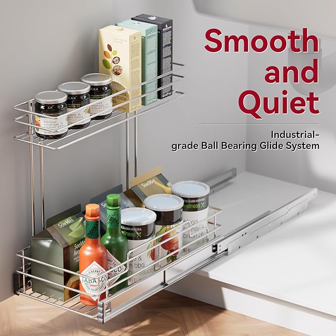 Under Sink Organizer 2 Packs, Pull Out Cabinet Organizer 2 Tier, Under Sink Slide Out Organizer Chrome Plated, Under Kitchen Bathroom Sink Organizer, Pantry Cabinet Closet Organization Rack, 9"W X19"D