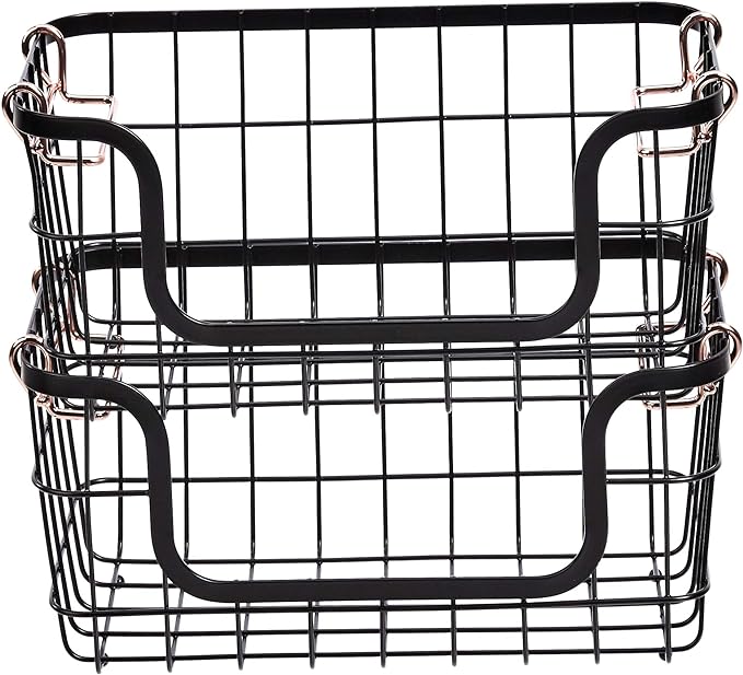 Amazon Basics Stackable Metal Wire Rectangular Storage Baskets for Kitchen, Bathroom or Pantry Organizing, 2 Count, Black