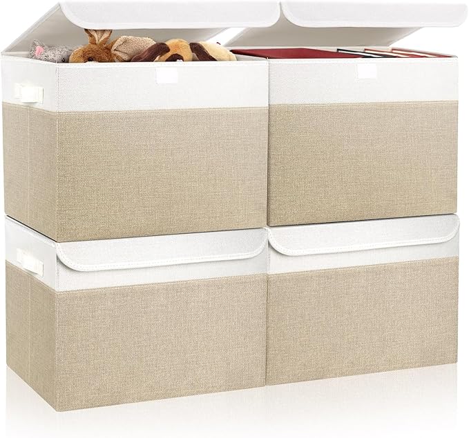 Large 22 Quart Linen Fabric Foldable Storage Bin Cube Organizer Basket with Flip-Top Lid & Handles, Clothes Blanket Box for Home, Office, Closet, Beige & White, 4 Pack 14.6 x 9.5 x 9.5”