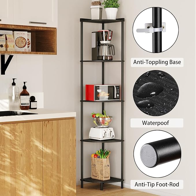 SUNMORY 5 Tier Corner Shelf Stand, Industrial 65" Corner Shelves Display Shelf for Living Room Decor, Wall Corner Bookshelf Multi Unit Organizer, Tall Shelf Plant Stand for Bedroom, Bathroom, Black