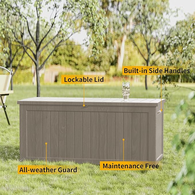 Outdoor Storage Box Waterproof, 270 Gallon Lockable Resin Deck Box Large, Patio Storage Bin for Pool Accessories Cushion Furniture, Garden Tools, UV-Resistant Outside Delivery Grey