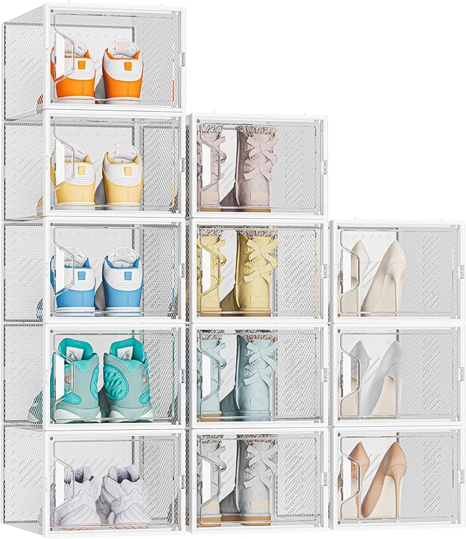 Shoe Organizer, 12 Pack Shoe Storage Shoe Organizer for Closet, Shoe Boxes Clear Plastic Stackable Shoe Storage Boxes for Size 13