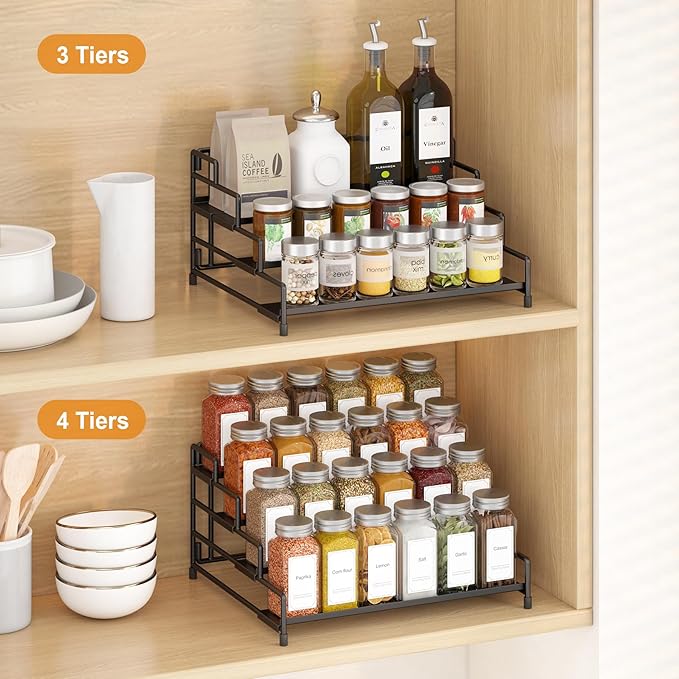 4-Tier-Spice-Rack-Organizer-for-Cabinet, Adjustable Depth Spice Holder Shelf For Countertop Pantry Cupboard, Metal Tiered Seasoning Organizer,Display Shelf Riser (Black-1 Pack)