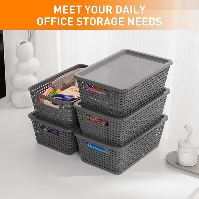 Plastic Storage Baskets With Lid, Storage Bins for Organizing, Stackable Decorative Containers for Shelves Drawers Desktop Closet Playroom Classroom Office, 6 Pack-Grey