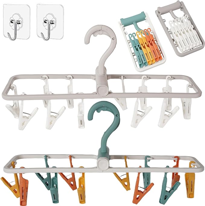 Foshine Clothes Drying Racks 2 Pack Grey Colour Small Folding Portable Underwear Hangers with 12 Clips 360° Rotatable Hook for Socks Drying Towels Bras Baby Clothes Gloves Plast