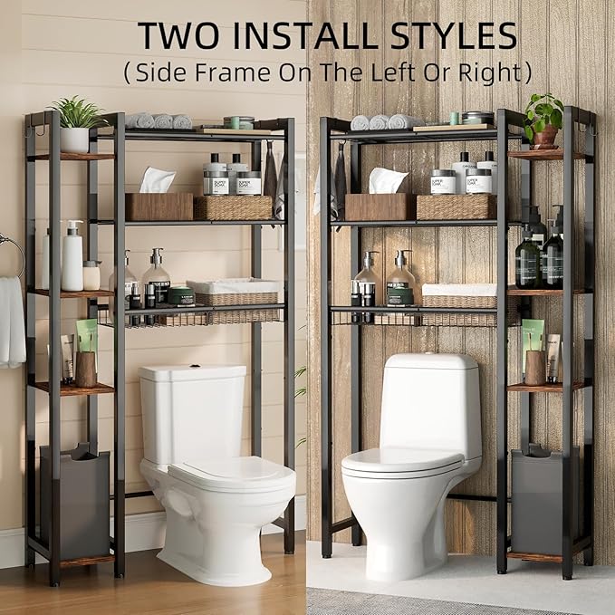 Over The Toilet Storage with Side Rack, 7-Tier Bathroom Organizer with Adjustable Shelf & Drain Basket & 4 Hooks, Freestanding Space Saver for Balcony, Laundry (Vintage Brown)