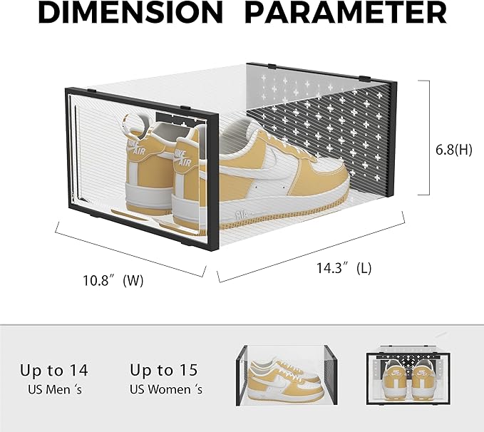 Pinkpum XXL Shoe Storage Box Fit for Size 14, Clear Plastic Stackable Shoe Organizer for Closet 12 Pack, Shoe Containers Sneaker Storage Black