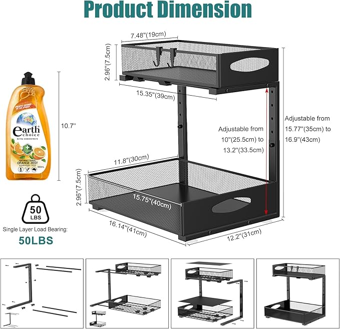 Housolution 1 Pack Large Under Sink Organizer, 2 Tier Metal Pull Out Under Sink Storage with Sliding Mesh Drawers, Height Adjustable Slide Out Under Cabinet Organizer for Kitchen Bathroom, Black