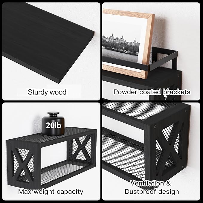 RICHER HOUSE Floating Shelves with Guardrail, Rustic Wood for Wall Décor, Farmhouse Bathroom Accessories Mounted, Organizer over Toilet Storage, Kitchen, Living Room - Black