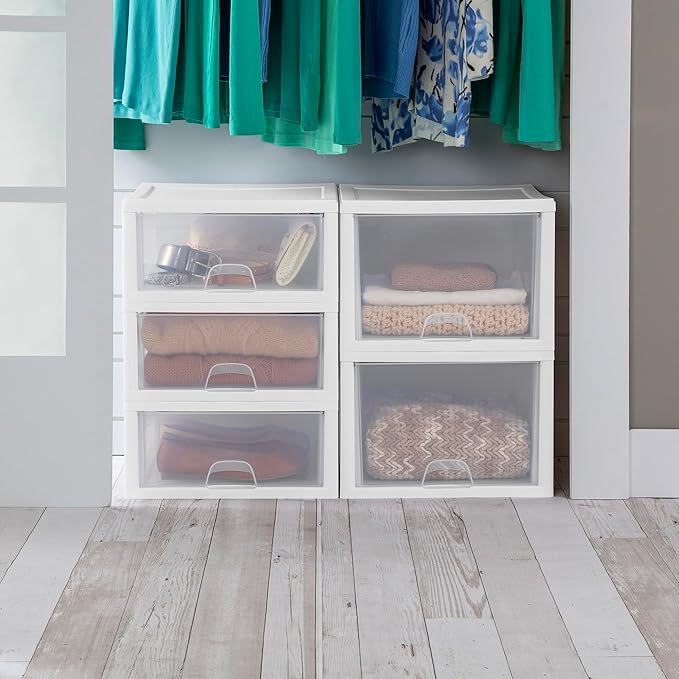 Sterilite 12-Pack 16 Quart Stacking Drawer, Clear Storage Closet Organizer, White Frame - Stackable Modular Plastic Drawers for Clothes, Accessories, Craft Supplies, Shoes or Linens
