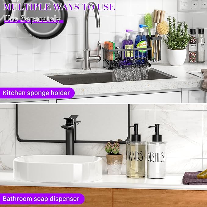 MASADI Kitchen Dish Soap Dispenser Set with Sponge Holder, 12OZ Glass Bottle, Hand and Dish Soap Dispenser Set, Non-Slip Silicone Pad, Brush Holder, Kitchen Sink Organizer Countertop (Black+Clear)