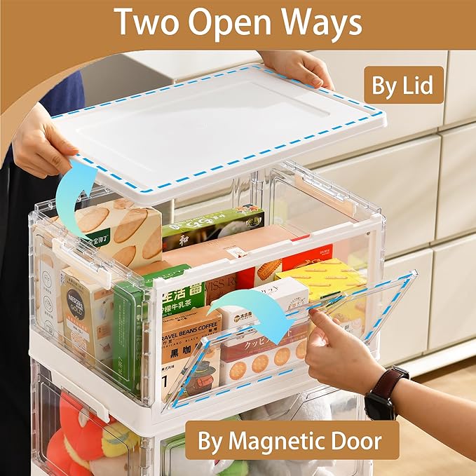 Storage Bins with Lids 3 Pack Clear Stackable Plastic Closet Organizers Containers w/Magnetic Door Box for Wardrobe Bedroom Office Dorm