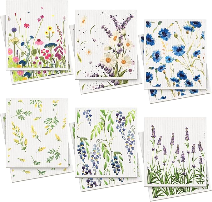 12 Pcs Swedish Kitchen Dish Towels Kitchen Cloths Reusable Sponge Cleaning Cloths Absorbent Dish Cloth Quick Drying Washable Cleaning Wipes No Odor Hand Towel (Wildflowers)