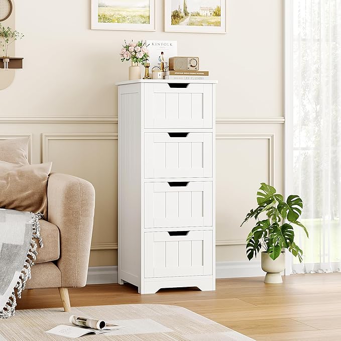 FOTOSOK Bathroom Storage Cabinet, Bathroom Cabinet with 4 Drawers, 11.8” x 11.8” x 32.5” Freestanding Entryway Cupboard Storage Organizer Unit Home Furniture Decor, White