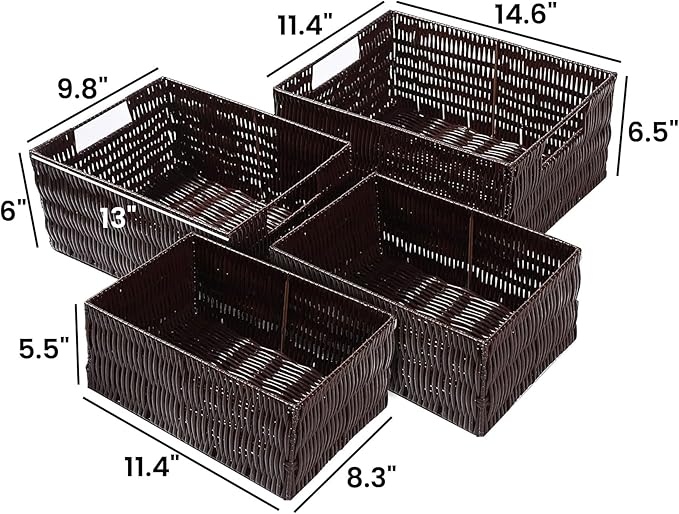Elevon Plastic Wicker Basket Set of 4, Handmade Storage Basket for Organizing with Handles, Storage Bins for Home Kitchen Countertop, Shelf Organizer, Waterproof, Coffee