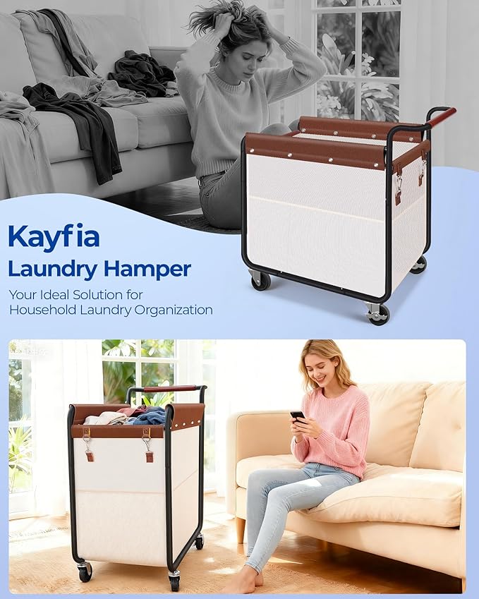 Kayfia 180L Laundry Basket with Wheels, Rolling Laundry Hamper with Wood Handle and Removable Bag, 7 Side Pockets, Heavy-Duty Steel Frame Large Dirty Clothes Hampers for Home Organization