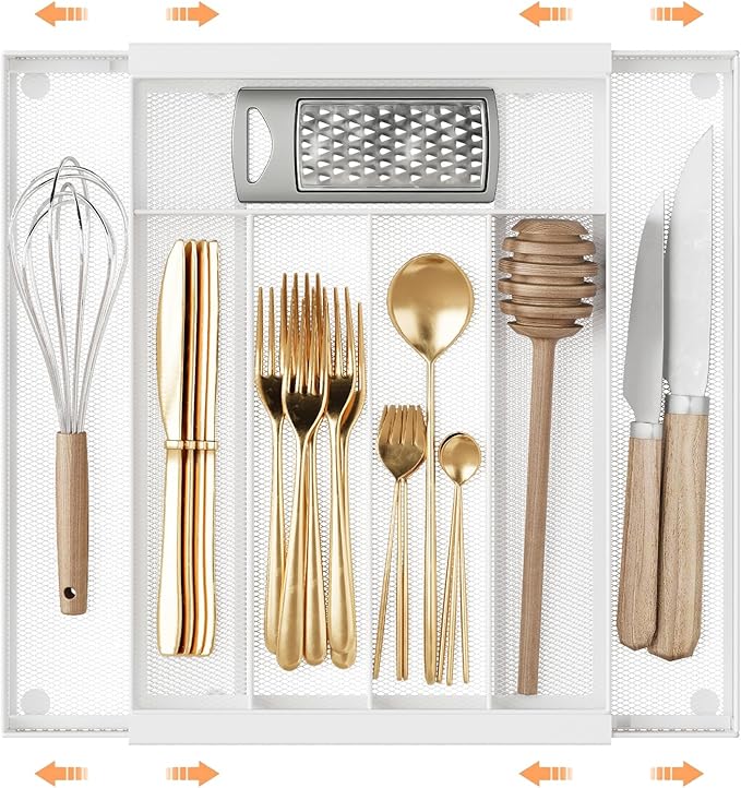 Silverware Organizer Metal Mesh, Drawer Organizer, Utensil Cutlery Tray for kitchen drawers,Expandable Flatware Organizer with 7 Compartment White 9.6"~16.1" x 13.8"