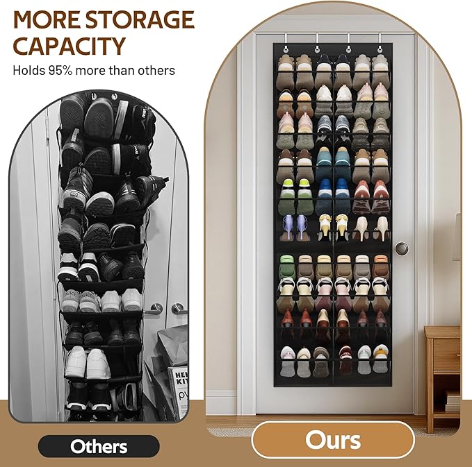 MISSLO 30 Pairs Over the Door Shoe Organizer Breathable Mesh Hanging Shoe Rack for Closet Storage with Wide Deep Pockets 10 Tier Shoes Holder Fit All the Family's Sneakers, Boots, Heels (Black, 71")
