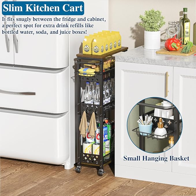 Rolling Slim Storage Cart, 4-Tier Narrow Bathroom Organizers and Storage Cart, Metal Narrow Kitchen Laundry Room Organization Shelf with Wood Top, Slim Utility Cart with Wheels for Small Space