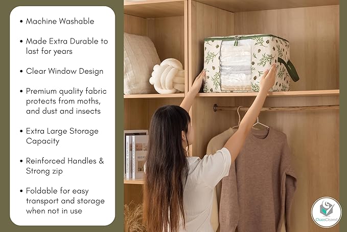 Chaos Cleared Canvas Storage Bags Designer Organizer 2 Pack – Seasonal Storage for Sweaters, Blankets, Linens & Garments – Foldable Design with Zip & Window, Moth-Proof Space Saver, Mistletoe Print