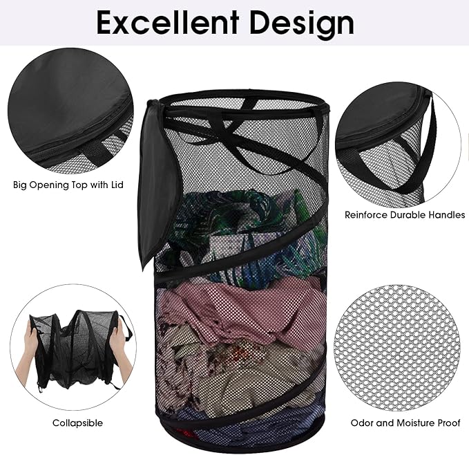 BATTOO Large Collapsible Laundry Basket with Lid Foldable Mesh Pop Up Hamper with Handles for Laundry Room, Bathroom, Kids Room, College Dorm, Travel, Storage Organizer Black