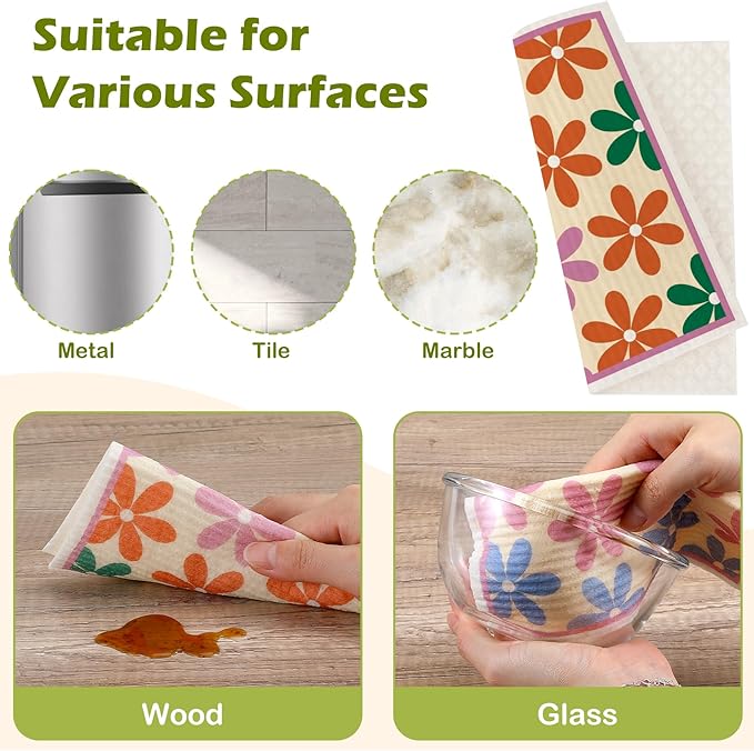 6 Packs Swedish Paper Cloths for Kitchen, Reusable Paper Towels Washable Dish Rags, Highly Absorbent Kitchen Towels Quick Drying Swedish Sponge Cleaning Dish Cloths(Colorful Broken Floral)