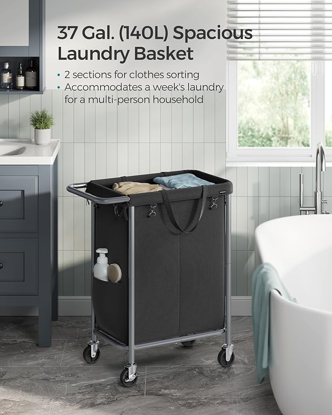 SONGMICS Laundry Basket with Wheels, 2-Section Rolling Laundry Hamper, 37 Gallons (140 L), Removable Liner, Steel Frame with Handle, 27.2 x 15.4 x 31.9 Inches, Ink Black URLS004B01