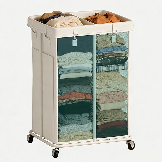 160L Laundry Hamper with Wheels, Rolling Laundry Basket with Metal Frame and Removable Bag, Double Laundry Hamper 2 Section, Large & Tall Dirty Clothes Hampers for Bedroom Aesthetic, Laundry Room