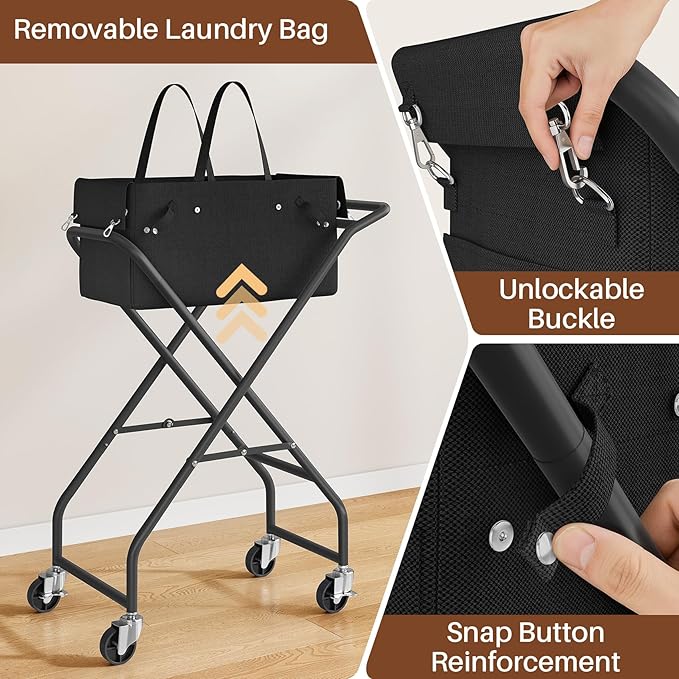 No-Bend Laundry Cart- Rolling Hamper with Locking Wheels & Handle, Foldable Basket Screw-Free Assembly, Durable Metal Frame & Removable Liner Bag for Bedroom & Bathroom (Black)