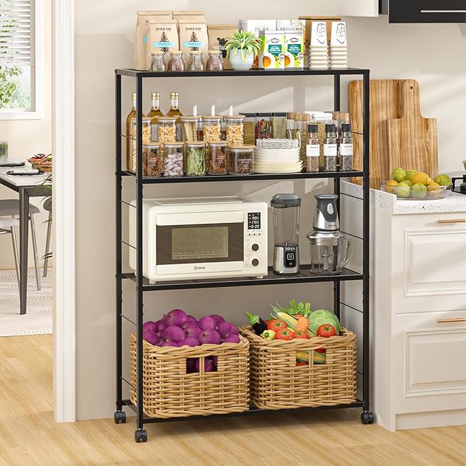 4 Tier Wire Shelving, Rolling Storage Rack with Wheels, Metal Shelving Unit with Adjustable Shelf, Black Shelves for Kitchen, Garage, Pantry & Closet Organizer 32.7" L x 11.8" D x 49.2" H