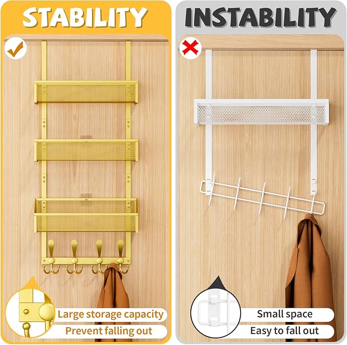 Over The Door Hooks Organizer, Coat Rack Over The Door Storage Hanger Towel Rack, Back of Door Storage Organizer for Bathroom,Bedroom,Kitchen,Office (Gold, 4-Tier)