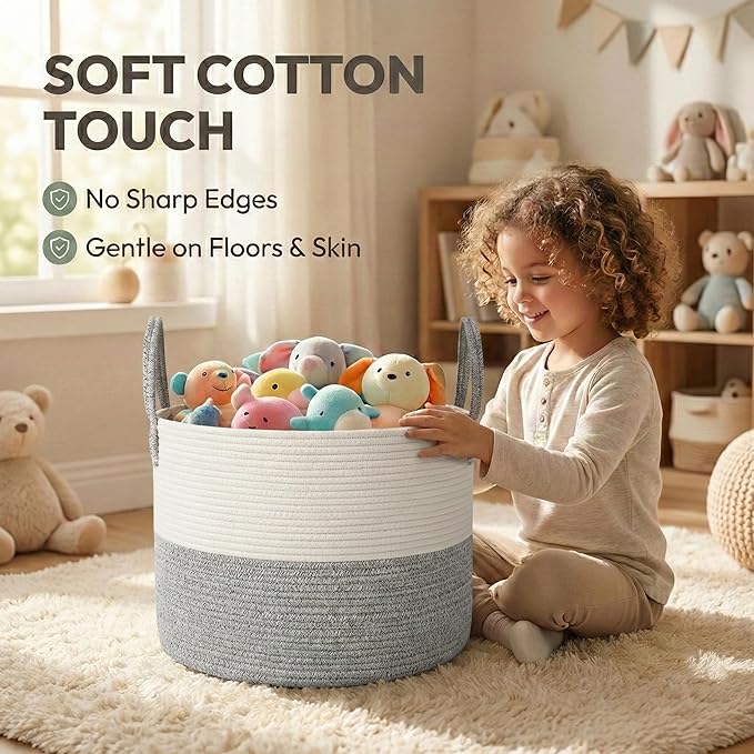115L Extra Large Blanket Basket for Living Room - Woven Cotton Rope Laundry Hamper with Reinforced Handles - Storage Bin for Pillows, Comforters & Toys - Machine Washable,White&Grey