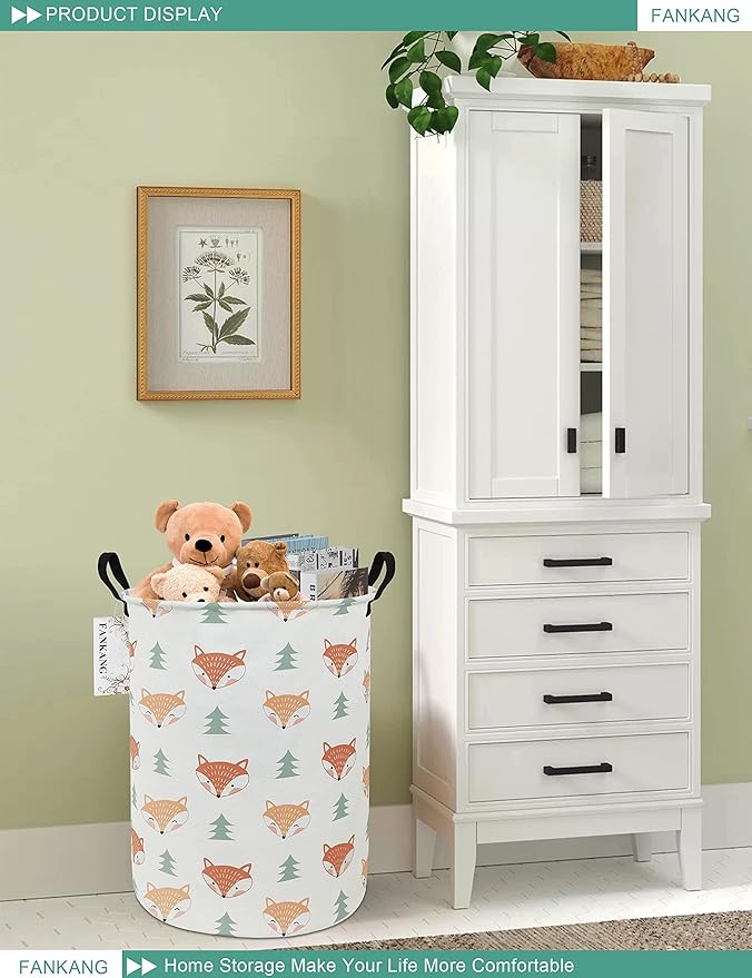 FANKANG Storage Basket, Nursery Hamper Canvas Laundry Basket Foldable with Waterproof PE Coating Large Storage Baskets for Kids Boys and Girls, Office, Bedroom, Clothes,Toys（Fox ）