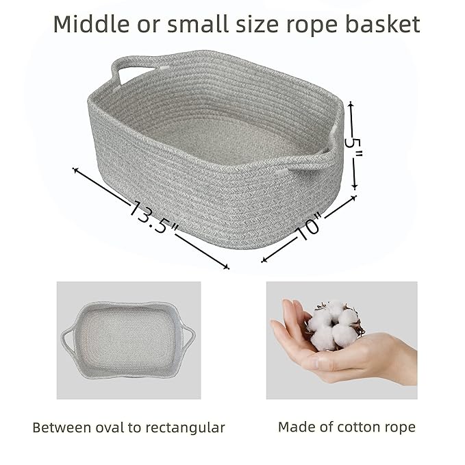 Woven Cotton Rope Storage Basket with Handles for Organizing Shelves Closet Small Cat Dog Pet Toy Baskets Box Bin Decorative Rectangle Baby Nursery basket Gift basket Empty(light grey)