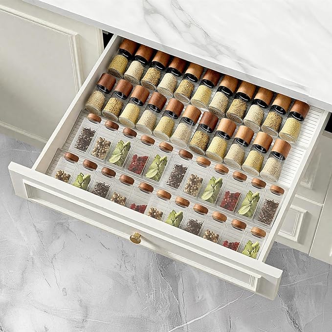 8 Pcs Spice Drawer Organizer Clear Acrylic Drawer Spice Organizer Expandable From 11'' To 22'' Clear Acrylic Drawers Seasoning Organizers for Kitchen Drawers Storage Seasonings Containers