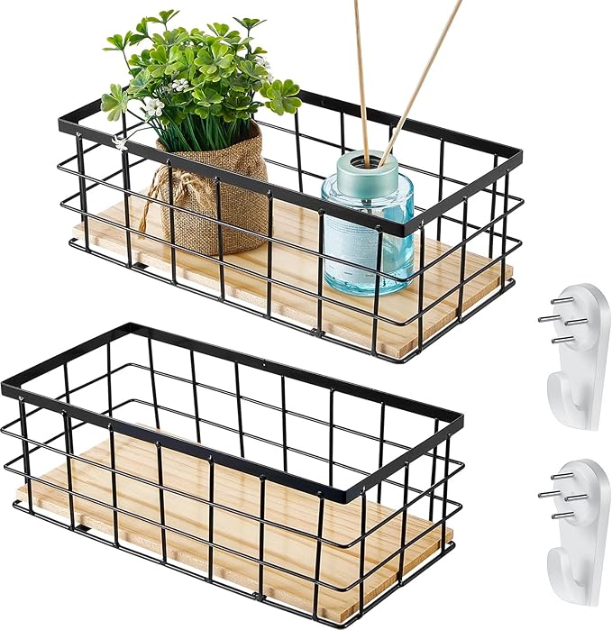 Funrous 2 Pcs Metal Small Wire Basket Wall Hanging Wire Basket Hang Small Bathroom Kitchen Storage Organizer Toilet Paper Mesh Storage Bin Shelf Rack with Base(Black,11.42 x 5.12 x 3.94 Inches)