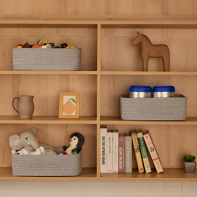 Large Shallow Organizing Baskets 15x11x5.1 Inches - Rope Woven Storage Bins for Bathroom, Shelves, Cube Closet, Mixed Grey 3 Packs