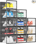 eWonLife X-Large Shoe Boxes with Magnetic Door, 12-Pack Stackable Shoes Storage Organizer for Closet, Clear Plastic Sneaker Container Shoe Rack for Size 12, Black